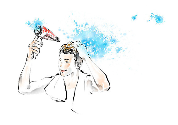 PSD 남자 일러스트 캘리그라피 붓터치 건조 한명 파란색 수건 뷰티 드라이어 즐거움 번짐 헤어관리 남자한명만 그루밍족 국내일러스트 1 감정 컬러 사람 위생용품 미용용품 남자만 파일형식 효과