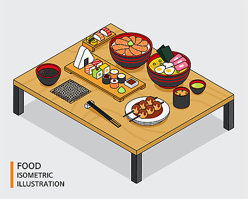 그릇 식기 음식 일러스트 젓가락 식탁 사람없음 초밥 메밀국수 덮밥 간장 연어 아이소메트릭 타코야키 미소된장국 알밥 연어초밥 일본음식 국내일러스트 AI파일 탁자 밥 수저 어류 면류 양념 파일형식 벡터