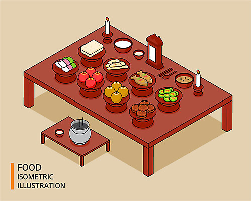 음식 일러스트 초 떡 수저 사람없음 배 사과 제사 향 제사상 제사음식 약과 아이소메트릭 동태전 오색송편 조기구이 호박전 국내일러스트 AI파일 식기 과일 전통음식 전 전통의례 송편 생선구이 파일형식 벡터
