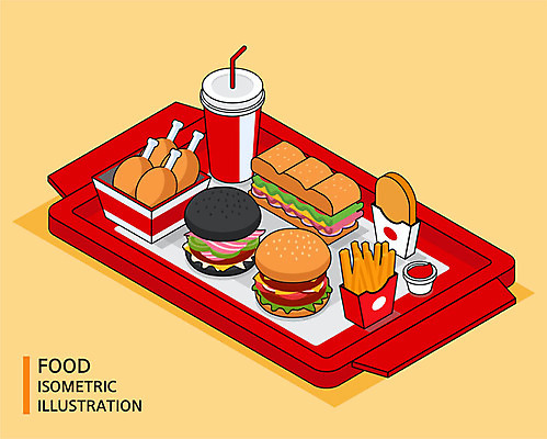 음식 일러스트 패스트푸드 쟁반 샌드위치 사람없음 치킨 감자튀김 햄버거 케첩 콜라 아이소메트릭 국내일러스트 AI파일 감자 튀김 소스_음식 인스턴트 탄산음료 닭고기요리 파일형식 벡터
