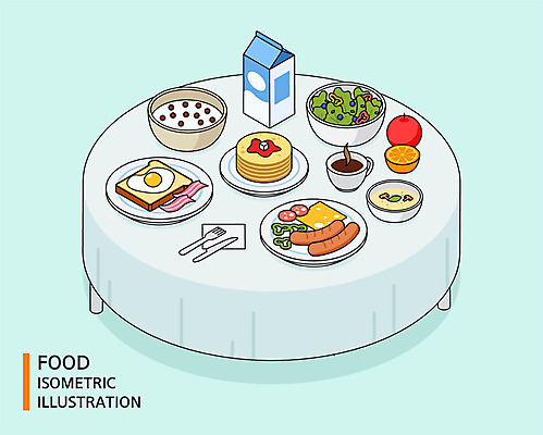 그릇 식기 커피 음식 포크 오렌지 일러스트 식탁 치즈 사람없음 샐러드 우유 식탁보 소시지 나이프 수프 사과 시리얼 햄 브런치 토스트 베이컨 아이소메트릭 팬케이크 국내일러스트 AI파일 음료 빵 과일 탁자 유제품 육류 돼지고기 케이크 식사 가공식품 칼 파일형식 벡터