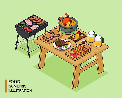 음식 일러스트 맥주 샌드위치 스테이크 사람없음 캠핑 감자튀김 소시지 꼬치 바비큐 아이소메트릭 바베큐그릴 해물라면 국내일러스트 AI파일 레저 감자 주류 서양음식 튀김 라면 가공식품 그릴 파일형식 벡터