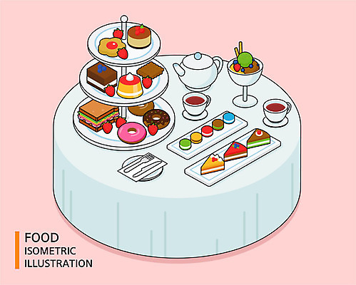 그릇 음식 포크 일러스트 딸기 아이스크림 디저트 샌드위치 사람없음 케이크 식탁보 나이프 도넛 차 찻잔 찻주전자 푸딩 마카롱 아이소메트릭 원형탁자 국내일러스트 AI파일 식기 음료 과일 탁자 주전자 잔 칼 파일형식 벡터