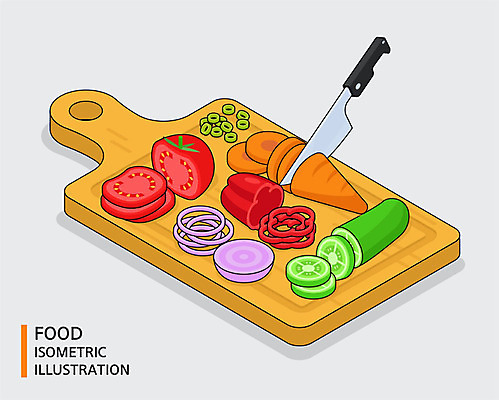 음식 토마토 채소 일러스트 양파 오이 파프리카 도마 요리 사람없음 파 식칼 아이소메트릭 국내일러스트 AI파일 주방용품 파일형식 벡터