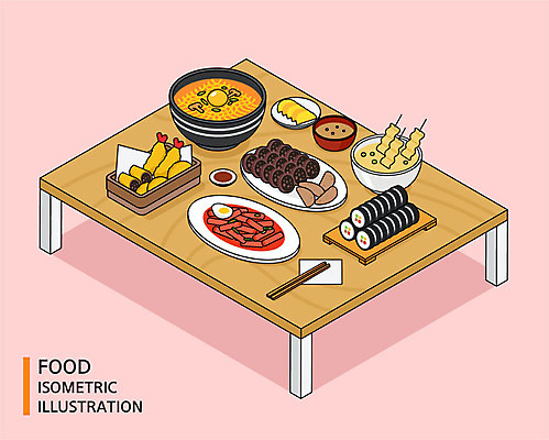 음식 일러스트 식탁 사람없음 튀김 라면 어묵 떡볶이 분식 만두 김밥 단무지 순대 나무젓가락 아이소메트릭 국내일러스트 AI파일 젓가락 탁자 면류 파일형식 벡터
