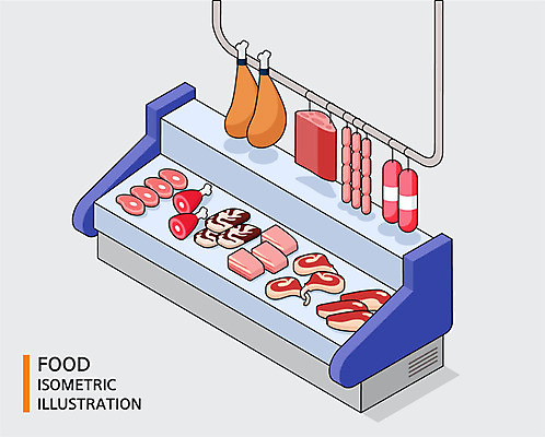 음식 일러스트 육류 돼지고기 스테이크 사람없음 소고기 소시지 판매대 햄 양고기 아이소메트릭 정육점 국내일러스트 AI파일 식재료 서양음식 상점 가공식품 파일형식 벡터