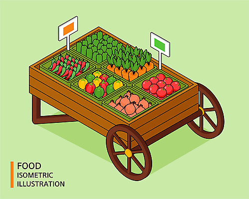 음식 토마토 채소 일러스트 고추 양파 피망 오이 파프리카 사람없음 수레 당근 아이소메트릭 채소가게 국내일러스트 AI파일 뿌리채소 상점 카트 파일형식 벡터