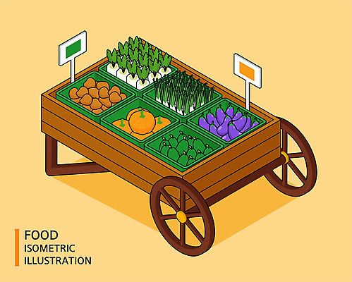 음식 채소 일러스트 호박 가지 감자 사람없음 수레 무 파 아보카도 아이소메트릭 채소가게 국내일러스트 AI파일 과일 뿌리채소 상점 카트 파일형식 벡터