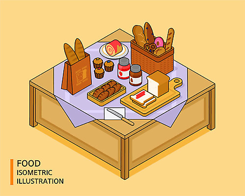 음식 빵 일러스트 탁자 사람없음 나이프 도넛 바게트 잼 식빵 머핀 아이소메트릭 롤케이크 국내일러스트 AI파일 식기 가구 디저트 케이크 소스_음식 칼 파일형식 벡터