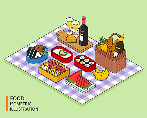 음식 빵 일러스트 치즈 수박 바나나 사람없음 소풍 바구니 샴페인 파인애플 돗자리 김밥 도시락 아이소메트릭 국내일러스트 과일 유제품 주류 야외활동 열대과일