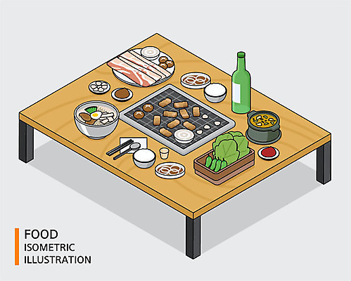 그릇 식기 접시 음식 일러스트 식탁 수저 마늘 사람없음 버섯 굽기 구이 된장찌개 삼겹살 쌈장 불판 냉면 소주 소주병 아이소메트릭 공기밥 소주잔 쌈채소 양파초절임 고깃집 국내일러스트 AI파일 한식 채소 술잔 탁자 밥 술병 여름음식 주류 돼지고기 식당 양념 찌개 절임 파일형식 벡터