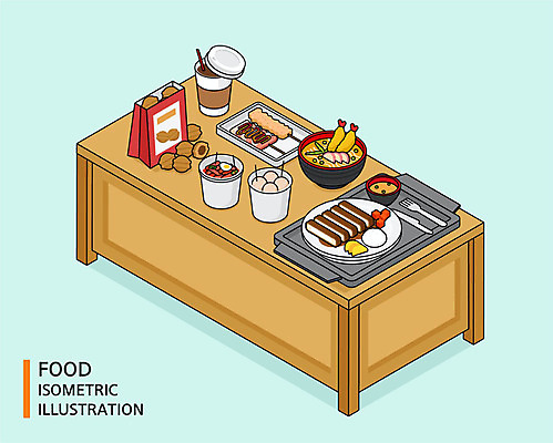 커피 음식 포크 일러스트 탁자 쟁반 사람없음 나이프 돈가스 어묵 떡볶이 우동 아이소메트릭 통감자 호도과자 휴게소 국내일러스트 AI파일 식기 음료 가구 휴식 감자 과자 면류 칼 커틀릿 분식 일본음식 파일형식 벡터