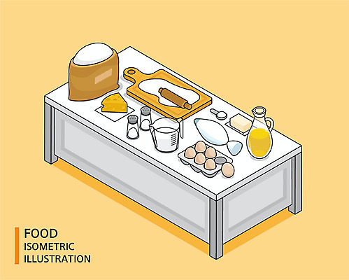 음식 일러스트 재료 치즈 도마 사람없음 컬러풀 계란 우유 오일 설탕 밀가루 제빵 소금 계량스푼 버터 아이소메트릭 반죽밀대 짤주머니 국내일러스트 AI파일 컬러 주방용품 유제품 제과제빵 알 화장품 가루 밀대 제빵도구 파일형식 벡터