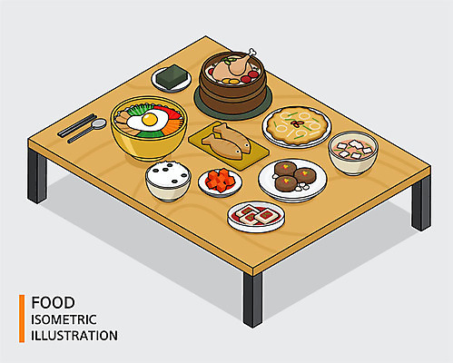 그릇 식기 한식 음식 일러스트 젓가락 식탁 여름음식 사람없음 컬러풀 숟가락 김 깍두기 비빔밥 부침개 삼계탕 동치미 아이소메트릭 두부조림 떡갈비 조기구이 콩밥 제철음식 국내일러스트 AI파일 컬러 탁자 밥 김치 수저 해조류 생선구이 보양식 조림 제철 파일형식 벡터 여름_계절
