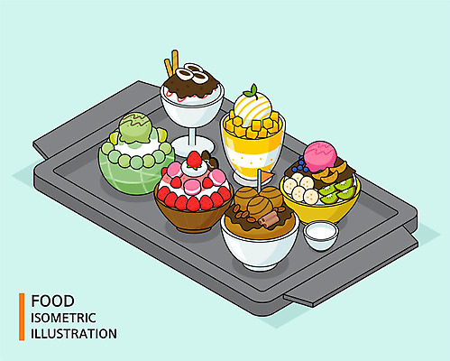 음식 일러스트 디저트 여름음식 쟁반 사람없음 컬러풀 멜론 빙수 팥빙수 마카롱 과일빙수 찹쌀떡 아이소메트릭 딸기빙수 망고빙수 제철음식 국내일러스트 AI파일 컬러 과일 떡 제철 파일형식 벡터 여름_계절