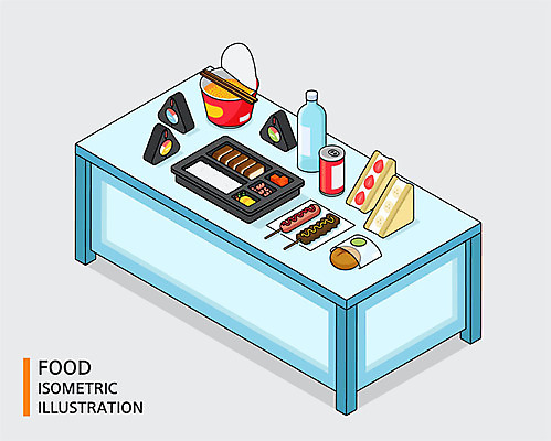 음식 빵 일러스트 식탁 샌드위치 사람없음 컬러풀 생수 도시락 아이소메트릭 삼각김밥 캔음료 컵라면 편의점 핫바 국내일러스트 음료 컬러 탁자 디저트 상점 라면 물병 김밥