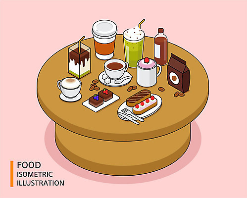 커피 음식 빵 포크 일러스트 탁자 디저트 사람없음 컬러풀 케이크 머그컵 원두 나이프 차 커피잔 각설탕 아이소메트릭 녹차프라푸치노 라떼 초코우유 국내일러스트 AI파일 식기 음료 컬러 가구 잔 컵 우유 칼 설탕 파일형식 벡터