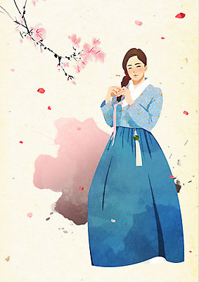 PSD 나무 한국전통 전통 여자 꽃 일러스트 붓터치 수묵화 한명 웃음 사람 나뭇가지 한복 수줍음 노리개 질감 저고리 부드러움 뷰티풀 여자한명만 국내일러스트 식물 1 감정 전통소품 한국 표정 미술 감각 전통의상 여자만 파일형식