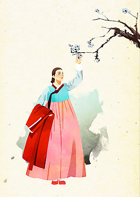 PSD 나무 한국전통 전통 여자 꽃 일러스트 붓터치 수묵화 한명 들기 사람 만지기 한복 노리개 질감 저고리 부드러움 뷰티풀 여자한명만 국내일러스트 식물 1 모션 전통소품 한국 미술 감각 전통의상 여자만 파일형식