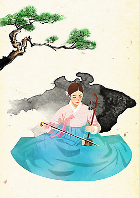 PSD 나무 한국전통 전통 여자 연주 일러스트 붓터치 수묵화 한명 사람 소나무 한복 노리개 질감 저고리 부드러움 뷰티풀 아쟁 여자한명만 국내일러스트 식물 1 음악 현악기 전통소품 한국 국악기 미술 감각 전통의상 여자만 파일형식