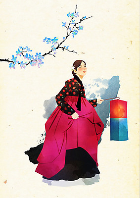 PSD 나무 한국전통 전통 여자 꽃 일러스트 붓터치 수묵화 한명 들기 사람 등불 한복 청사초롱 노리개 질감 저고리 부드러움 뷰티풀 여자한명만 국내일러스트 식물 1 모션 조명 전통소품 한국 미술 감각 전통의상 초롱 여자만 파일형식