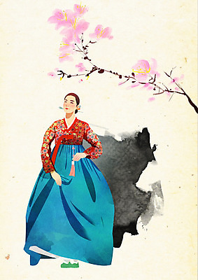 PSD 나무 한국전통 전통 여자 꽃 일러스트 붓터치 수묵화 한명 사람 만지기 한복 노리개 질감 저고리 부드러움 뷰티풀 여자한명만 국내일러스트 식물 1 모션 전통소품 한국 미술 감각 전통의상 여자만 파일형식