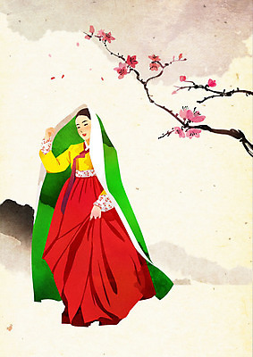 PSD 나무 한국전통 전통 여자 꽃 일러스트 붓터치 수묵화 한명 웃음 사람 한복 노리개 질감 저고리 부드러움 가림막 뷰티풀 여자한명만 국내일러스트 식물 1 전통소품 한국 표정 미술 감각 전통의상 여자만 파일형식