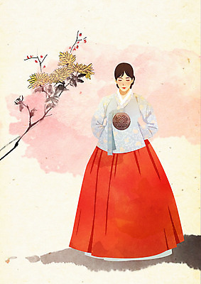 PSD 나무 한국전통 전통 여자 꽃 일러스트 붓터치 수묵화 한명 사람 한복 노리개 질감 저고리 부드러움 뷰티풀 여자한명만 국내일러스트 식물 1 전통소품 한국 미술 감각 전통의상 여자만 파일형식
