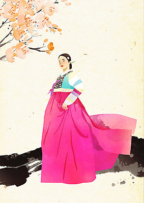 PSD 나무 한국전통 전통 여자 꽃 포즈 일러스트 붓터치 수묵화 한명 사람 한복 노리개 질감 저고리 부드러움 뷰티풀 여자한명만 국내일러스트 식물 1 전통소품 한국 미술 감각 전통의상 여자만 파일형식