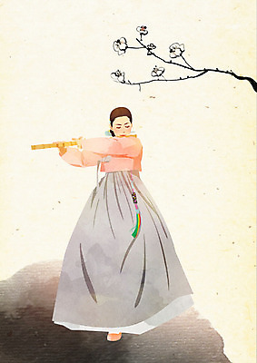 PSD 나무 한국전통 전통 여자 연주 일러스트 붓터치 수묵화 한명 사람 한복 노리개 질감 저고리 부드러움 꽃가지 단소 뷰티풀 여자한명만 국내일러스트 식물 1 꽃 음악 전통소품 한국 국악기 미술 나뭇가지 감각 전통의상 목관악기 여자만 파일형식