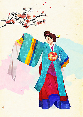 PSD 나무 한국전통 전통 여자 꽃 일러스트 붓터치 수묵화 한명 사람 한복 전통무용 노리개 질감 저고리 부드러움 뷰티풀 여자한명만 국내일러스트 식물 1 전통소품 한국 미술 춤 감각 전통의상 여자만 파일형식