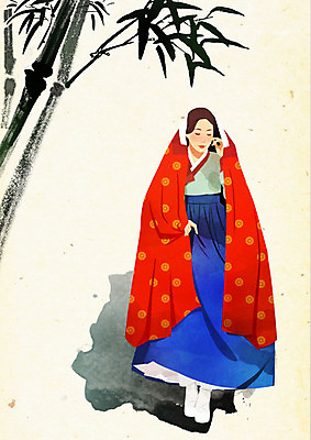 PSD 나무 한국전통 전통 여자 일러스트 붓터치 수묵화 한명 웃음 사람 한복 대나무 노리개 질감 저고리 부드러움 가림막 뷰티풀 여자한명만 국내일러스트 식물 1 전통소품 한국 표정 미술 감각 전통의상 여자만 파일형식