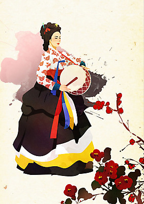 PSD 나무 한국전통 전통 여자 꽃 연주 일러스트 붓터치 수묵화 한명 사람 한복 북 노리개 질감 저고리 부드러움 뷰티풀 여자한명만 국내일러스트 식물 1 음악 타악기 전통소품 한국 미술 감각 전통의상 여자만 파일형식