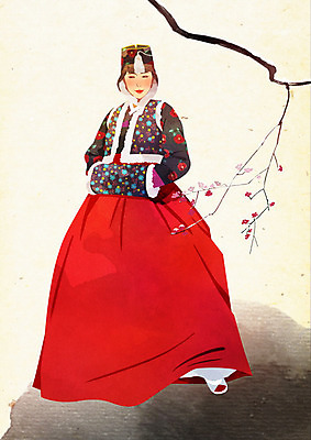 PSD 나무 한국전통 전통 여자 꽃 겨울 일러스트 붓터치 수묵화 한명 사람 한복 노리개 질감 저고리 부드러움 뷰티풀 여자한명만 국내일러스트 식물 1 계절 전통소품 한국 미술 감각 전통의상 여자만 파일형식