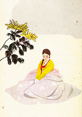 PSD 나무 한국전통 전통 여자 꽃 일러스트 붓터치 수묵화 한명 사람 앉기 한복 수줍음 노리개 질감 저고리 부드러움 뷰티풀 여자한명만 국내일러스트 식물 1 감정 모션 전통소품 한국 미술 감각 전통의상 여자만 파일형식