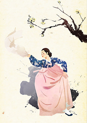 PSD 나무 한국전통 전통 여자 꽃 일러스트 붓터치 수묵화 한명 들기 사람 춤 한복 천 전통무용 노리개 질감 저고리 부드러움 뷰티풀 여자한명만 국내일러스트 식물 1 모션 문화예술 전통소품 한국 미술 직물 감각 전통의상 여자만 파일형식