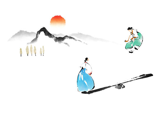 PSD 한국전통 여자 일러스트 캘리그라피 붓터치 산 두명 태양 일출 전통놀이 한복 동양화 즐거움 번짐 널뛰기 여자만 국내일러스트 자연요소 전통 감정 놀이 한국 미술 사람 노을 전통의상 파일형식 효과