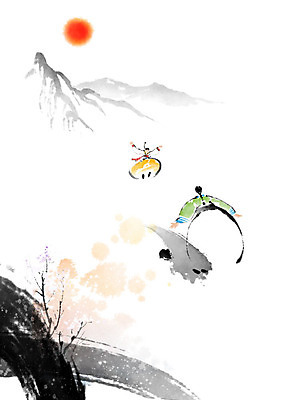 PSD 한국전통 일러스트 캘리그라피 붓터치 산 두명 태양 일출 전통놀이 한복 동양화 즐거움 번짐 널뛰기 여자만 국내일러스트 자연요소 전통 감정 놀이 한국 미술 사람 노을 전통의상 파일형식 효과