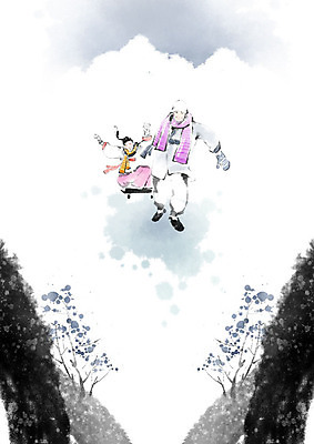 PSD 한국전통 부부 커플 여자 남자 일러스트 캘리그라피 붓터치 두명 전통놀이 한복 동양화 즐거움 번짐 빙판 얼음썰매 국내일러스트 전통 감정 관계 놀이 한국 미술 사람 전통의상 썰매 파일형식 효과