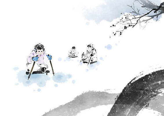 PSD 한국전통 여자 남자 어린이 일러스트 캘리그라피 붓터치 세명 전통놀이 나뭇가지 한복 동양화 즐거움 번짐 빙판 얼음썰매 어린이만 국내일러스트 나무 전통 감정 놀이 한국 미술 사람 전통의상 썰매 파일형식 효과