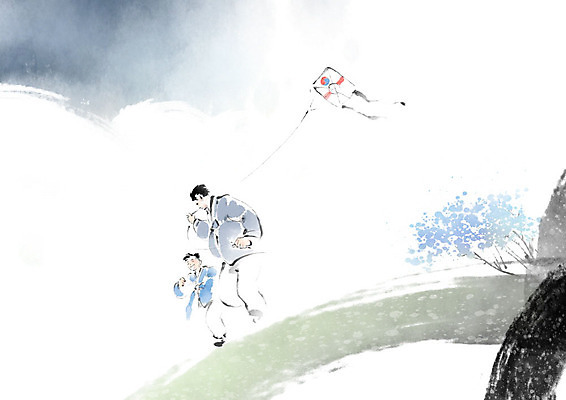 PSD 한국전통 남자 어린이 일러스트 캘리그라피 붓터치 성인 두명 달리기 전통놀이 한복 동양화 연 즐거움 번짐 부자지간 남자만 국내일러스트 전통 감정 아들 가족 모션 놀이 한국 미술 사람 놀이용품 아빠 전통의상 파일형식 효과