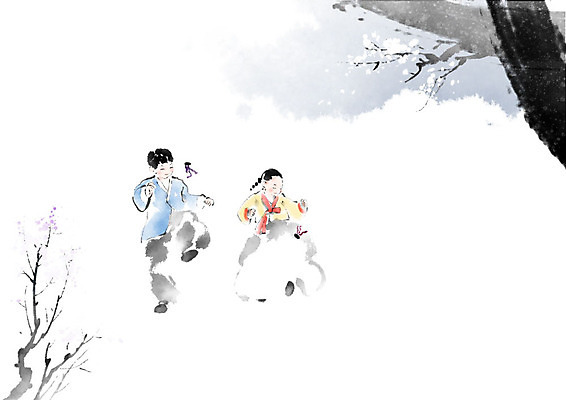 PSD 한국전통 여자 남자 어린이 일러스트 캘리그라피 붓터치 남매 두명 전통놀이 한복 동양화 즐거움 번짐 제기_놀이 제기차기 어린이만 국내일러스트 전통 감정 가족 놀이 한국 미술 사람 놀이용품 전통의상 파일형식 효과