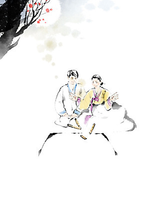 PSD 한국전통 부부 여자 남자 일러스트 캘리그라피 붓터치 두명 전통놀이 윷 윷놀이 한복 동양화 즐거움 번짐 국내일러스트 전통 커플 감정 놀이 한국 미술 사람 전통의상 파일형식 효과