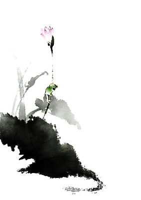 PSD 계절 줄기 일러스트 캘리그라피 붓터치 연꽃 개구리 사람없음 봄 절기 동양화 연잎 꽃봉오리 번짐 경칩 국내일러스트 식물 꽃 잎 양서류 미술 파일형식 효과