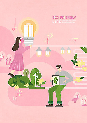 PSD 나무 식물 여자 남자 꽃 분홍색 일러스트 전구 아이디어 두명 환경 재활용 그린에너지 에코 친환경 에코라이프 그린슈머 국내일러스트 라이프스타일 컬러 컨셉 사람 에너지 파일형식