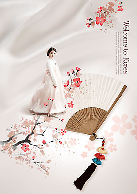 PSD 편집이미지 여자 꽃 분홍색 한명 사람 20대 성인 한국인 부채 한복 방문 환영 웰컴 성인여자한명만 이미지편집 식물 1 한국전통 컬러 동양인 청년 전통의상 여자한명만 성인여자만 파일형식