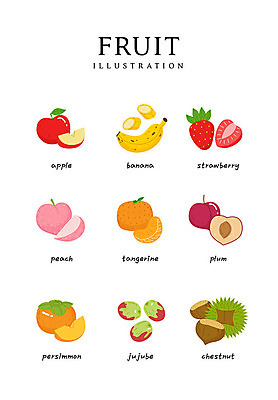 음식 일러스트 식재료 딸기 귤 바나나 감 사람없음 사과 밤 대추 복숭아 자두 제철과일 국내일러스트 AI파일 과일 견과류 제철 파일형식 벡터