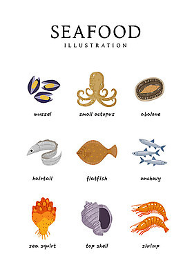 일러스트 식재료 새우 사람없음 소라 해산물 홍합 전복 낙지 넙치 갈치 멍게 멸치 국내일러스트 AI파일 어패류 연체동물 갑각류 어류 바다동물 수중동물 파일형식 벡터