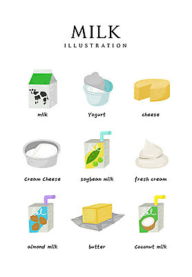 음식 일러스트 식재료 치즈 유제품 사람없음 우유 생크림 아몬드 버터 요거트 두유 크림치즈 코코넛밀크 국내일러스트 AI파일 견과류 크림 코코넛 파일형식 벡터
