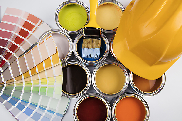 포토 JPG 해외이미지 실내 사람없음 하이앵글 페인트 안전모 페인트통 페인트붓 해외포토 컬러칩 뷰포인트 통 내부 붓 헬멧 안전장비 파일형식 이미지허브